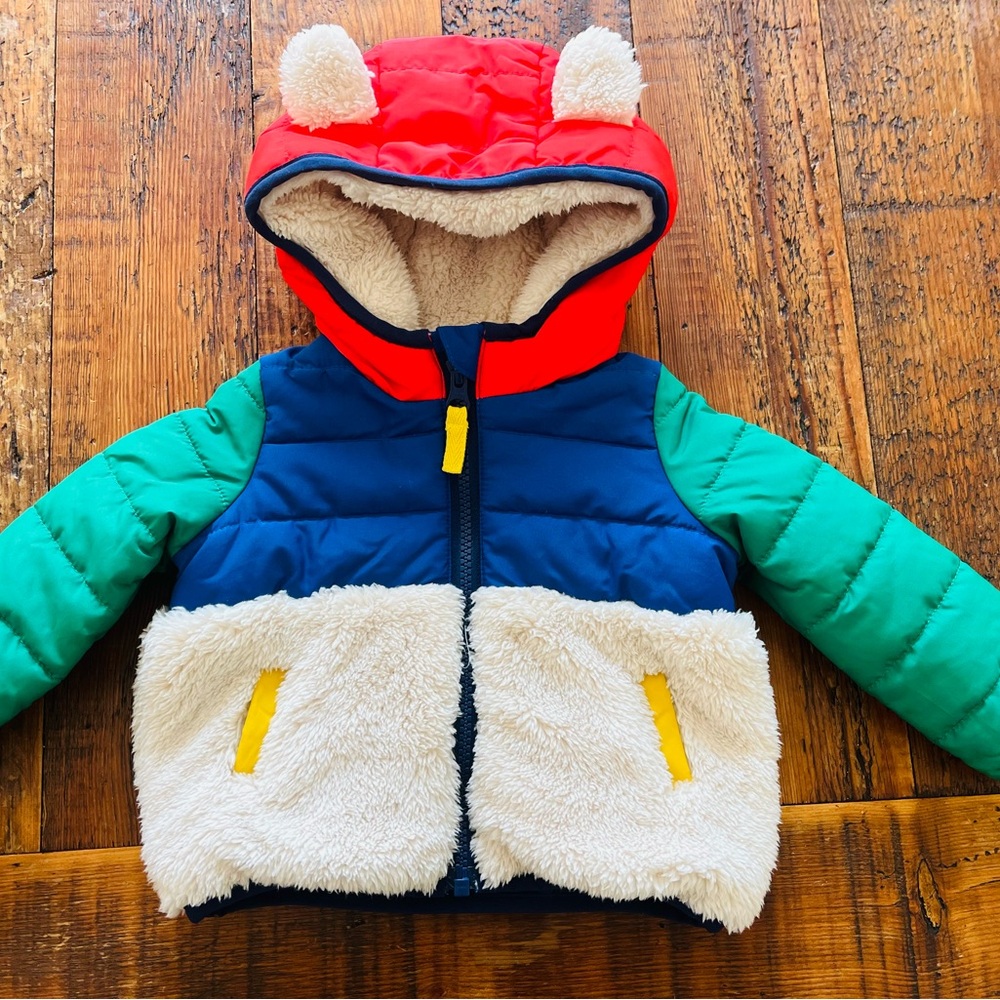 Boden Colorblock Teddy-Lined Hooded Jacket in Red, Navy, Teal, Cream